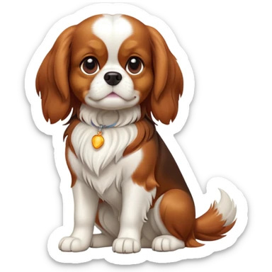 cinematic-[cavalier king charles dog]-realistic-full-body-sitting-emoji,-tail-resting-loosely-beside-its-paws,-head-tilted-dramatically,-sleek-[brown and white]-fur,-simplified-yet-realistic-focused-features,-highly-detailed,-glowing-with-an-almost-sarcastic-glow sticker