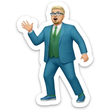 Full Body plus size white male yelling basketball team manager with glasses blondish gray short hair with a goatee wearing blue and green suit sticker
