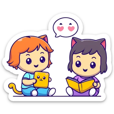 two girls watching a cute kitty drawing an emoji, playful cartoon style sticker