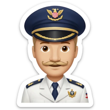 A light-skinned man with brown eyes and a mustache, smiling while wearing a white captain’s hat with a navy emblem. sticker