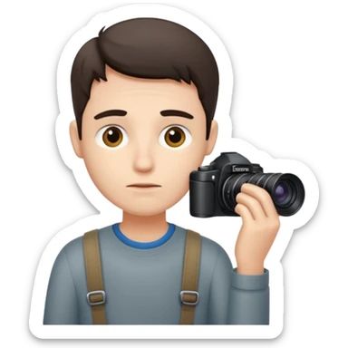 “A photographer sits quietly, camera in hand, lost in deep worries that even his lens can’t capture.” sticker