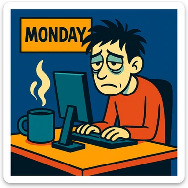 A tired programmer at a desk, looking sick, with a coffee mug, on a Monday morning, cartoon style sticker