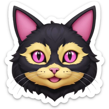image friend from deltarune, a cat with a pink eye and a yellow eye, and black fur and pointy ears smiling sticker