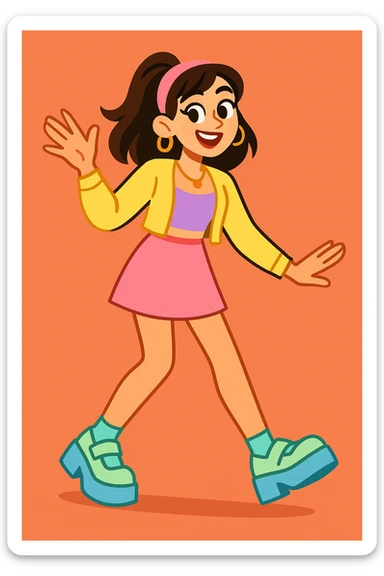 dressed up woman in a cool Gen Z look, pastel colors, mini skirt, platform shoes, fun and energetic expression sticker