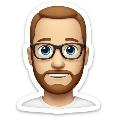 white dude, blue eyes, dark red hair, receding hairline, glasses, beard sticker