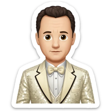 Tom Hanks with dark brown hair, ivory sequin outfit sticker
