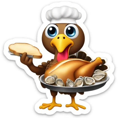 Turkey holding burning slice of toast and pan of oysters sticker