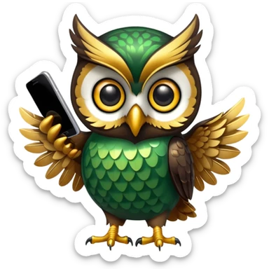 Black Green golden owl with shiny feathers. Holds a phone in the wing sticker