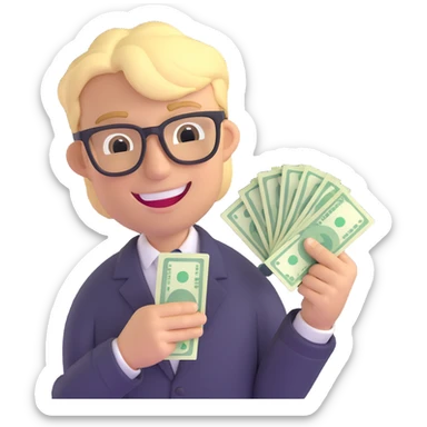 blond man wearing black glasses, holding cash, greedy smile sticker