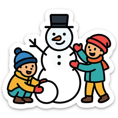 kids building a snowman, cheerful and clear sticker
