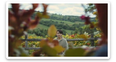 A portrait of a person in the foreground, blurred plants in the foreground (frame within a frame), a wooden fence and colorfull flowers in the midground, rolling hills in the background, cinematic depth of field, layered composition, natural lighting sticker
