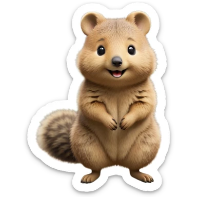cinematic-quokka-realistic-full-body-standing on its hind legs hunched over-emoji,-small-round-frame-balanced-on-tiny-strong-hind-legs,giant fluffy cheeks large smile-fluffy-brown-fur-radiating-a-warm-softness,-big-round-eyes-filled-with-joy-and-innocence,-tiny-clawed-paws-held-close-to-chest,-cheerful-smile-exuding-endearing-happiness,-simplified-yet-realistic-focused-features,-highly-detailed,-glowing-with-a-sunny-warmth sticker