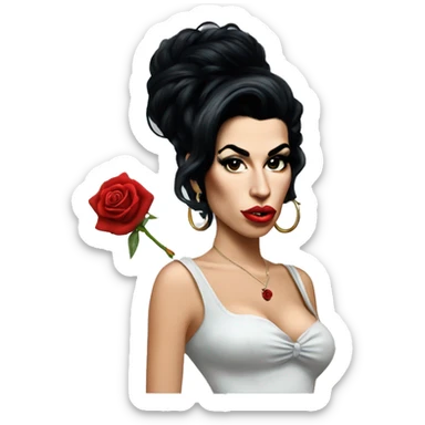 Amy Winehouse with nose piercing, hoops and red rose in hair sticker