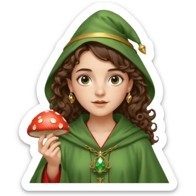 very beautiful italian girl, dark brown eyes, looking like Emma Watson, with curly and big volume very bright brown hair, and a golden piercing ring in nose on left side, dressed in a beautiful wizard robe of green colors, holding red fly mushroom sticker