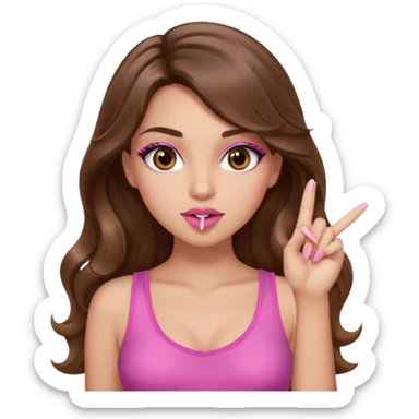 girl with long wavy brown hair, brown eyes, light to medium complexion, in a pink sexy top, pink lips, long lashes, silent motion with the hand one finger up by the mouth sticker