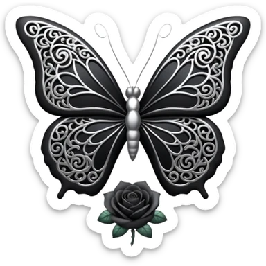 Black and silver filigree rose with a stunning butterfly, 3D, extremely detailed design sticker