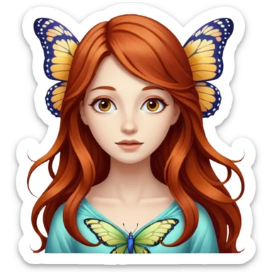 Woman with long flowing auburn hair wearing a butterfly sticker
