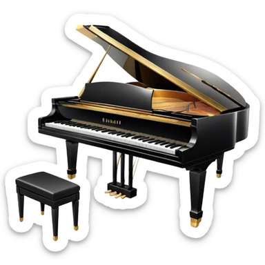 Cinematic Realistic Piano, glossy black grand piano with elegantly curved edges, pristine white and black keys, soft golden light reflecting off its polished surface, faint reflections of a musician’s hands, glowing with refined elegance and musical depth. sticker