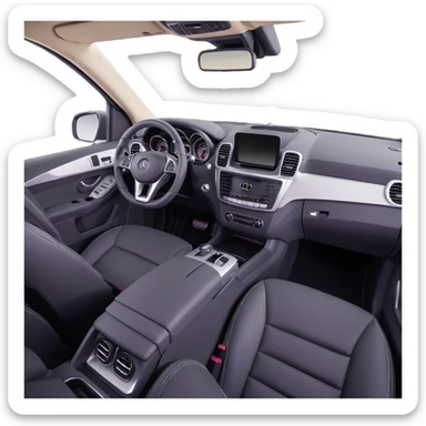 3D style image of the interior of a 2015 Mercedes Benz ML350, black leather seats, dashboard and steering wheel, luxury SUV details, close-up of dashboard and center console sticker