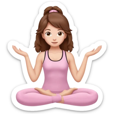 brown hair girl wearing light pink pilates clothes, fluffy medium hair and brown eyes sticker