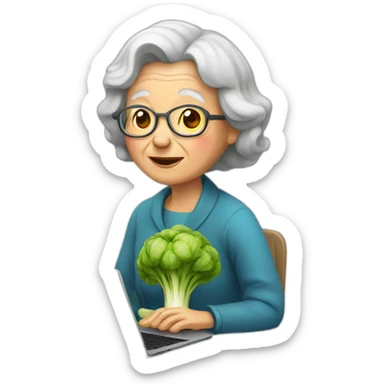 Old woman sitting with laptop and a vegetable sticker