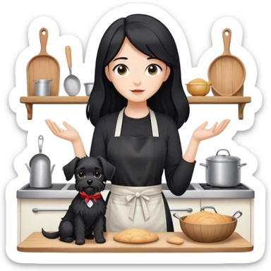 pale girl with long black hair wearing black long sleeve tshirt wearing apron and baking holding black floppy ear schnauzer sticker
