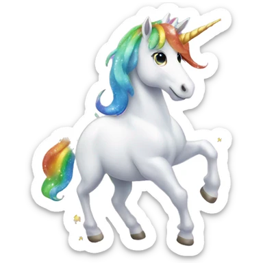 rainbow-maned unicorn with glittery stars surrounding its head sticker