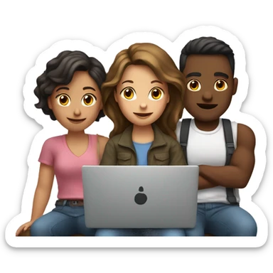 2 girl and 3 man each of them holding laptop and sit together  sticker