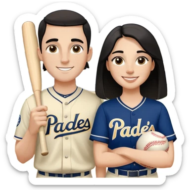 White Smiling couple. Girl has medium cheeks and a lot of freckles on the nose. Long hair. The boy has black short hair and prominent eyebrows with egipcian nose. Both are wearing “Los Padres” baseball jerseys and with a sign that says “Go Padres” sticker