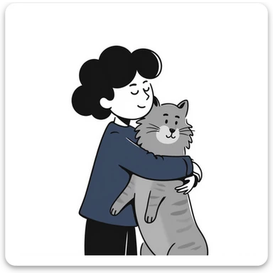 Brunette girl with dark blue sweatshirt snuggling a fluffy grey Siberian cat, warm embrace sticker