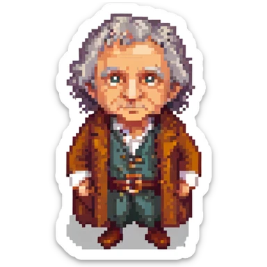 Whole body image of bilbo baggins from the lord of the rings the fellowship of the ring movie in pixel art style. Bilbo is old. Make Bilbo look like the actor that portrayed him in the movie, Ian Holm. sticker