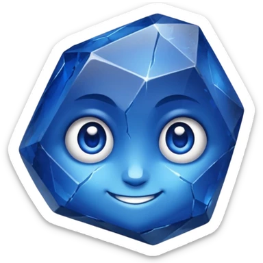 A single sapphire-blue faceted rock head, chunky and worn, with a few visible cracks and chipped facets but still shiny, big kind eyes and a confident smile sticker