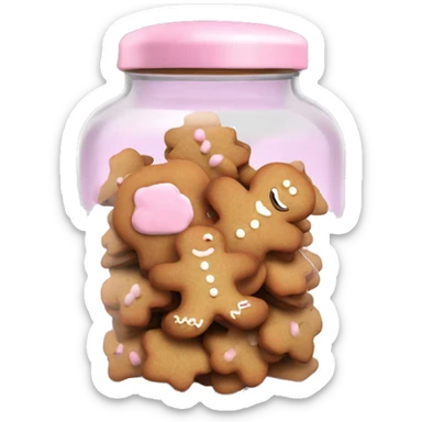 Realistic glass cookie jar with light pink lid full of gingerbread cookies isolated.  sticker