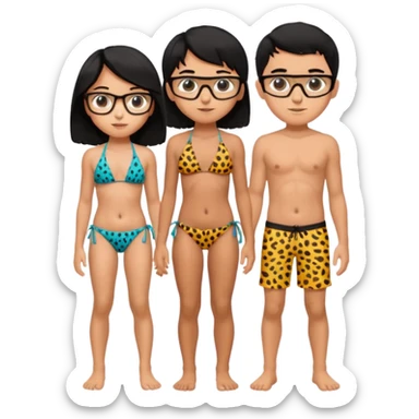 black haired girl with big boobs wearing a cheetah print bikini standing with a boy with black hair wearing glasses and shirt less girl with no glasses sticker