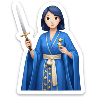 An upright Europe (a tall woman), wearing a blue, flowing robe with stars on the hem, and behind her stands Chancellor Merz, holding a knife toward her back sticker