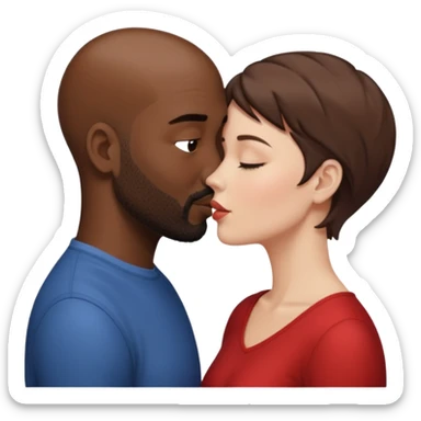a white woman with short brown hair and a black man with no hair and a beard are facing one each other and the woman is giving a kiss to the man's forehead sticker