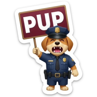 Small dangerous police puppy which is screaming the word "PUP" in big size sticker