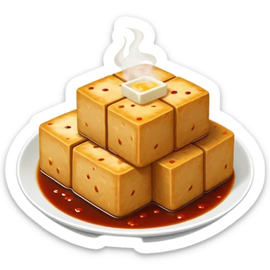 Changsha Stinky Tofu with visible steam and sauce, simplified emoji style with bold outlines and bright colors, cartoon style famous fermented snack sticker