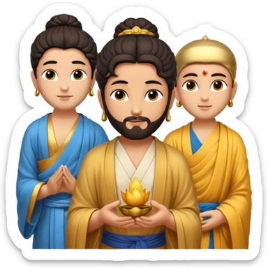 Create a Jesus, Krishna, and Buddha standing together. Buddha: warm golden or light tan skin, dark curled hair with a traditional top bun (ushnisha), half-closed meditative eyes

 sticker