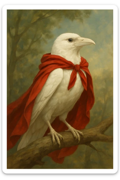 a white crow with a red cape sticker