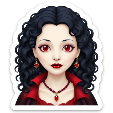old Vampire lady Pale queen with ruby necklace, curly black long hair sticker