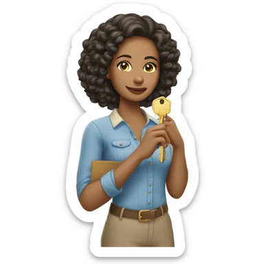Light skinned woman holding keys to her new house sticker