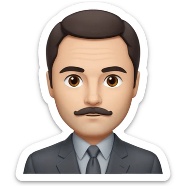 John Saxon with dark brown hair and short mustache, dark grey suit sticker