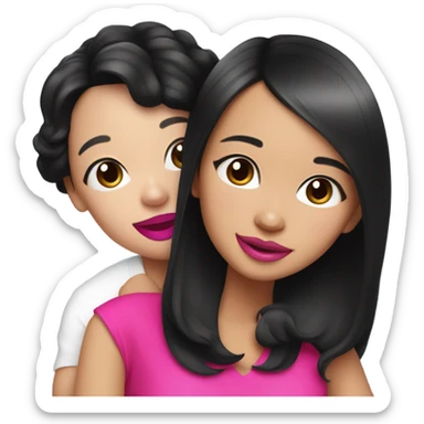 Thick medium black hair with hot pink lips and pink cheek smiling Filipino lady hugging black and white Chihuahua  sticker
