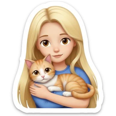 blondie girl with long hair and brown eyes hugging a cat sticker