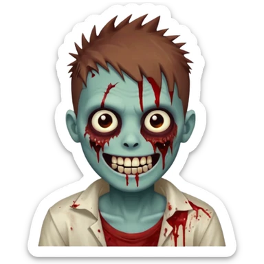 zombie boy with brown short spiky hair, white skin, and white eyes; an open smile, and bloodied teeth; sticker