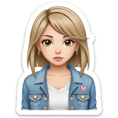 hime gyaru girl, tattoos, short brunette straight hair, white v neck tee with grunge jean jacket sticker