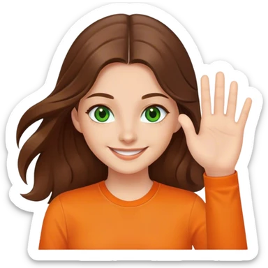 smiling girl with long brown hair, middle hair split, waving, green eyes, orange shirt sticker