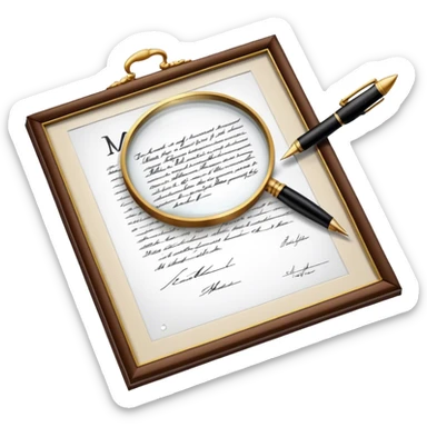 Icon for Autograph Collecting: a signed piece of paper or book page with a famous signature, surrounded by a pen, a magnifying glass, and a collection of framed autographs. Transparent background. sticker