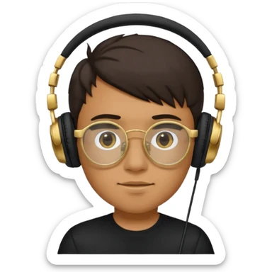 Un chico usando una camisa negra y audífonos, junto con sus lentes puestos de marco dorado. Diciendo GG arriba de su cabeza! sticker